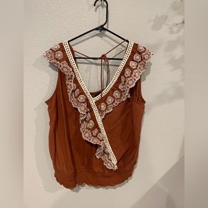 Embroidered Rust cross over sleeveless blouse 2X